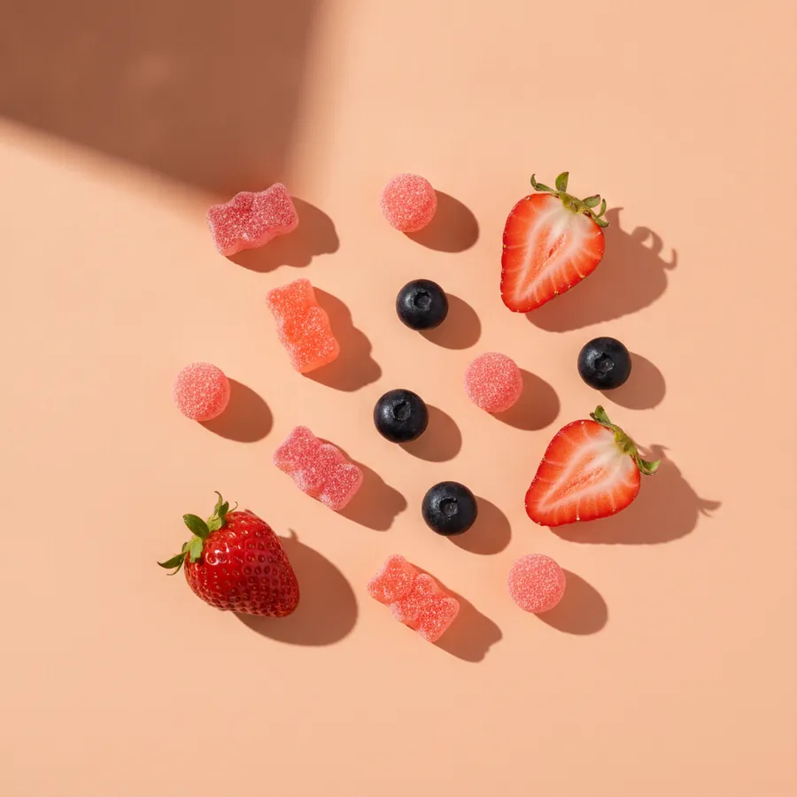 Pink gummies with strawberries and dark berries on a peach background