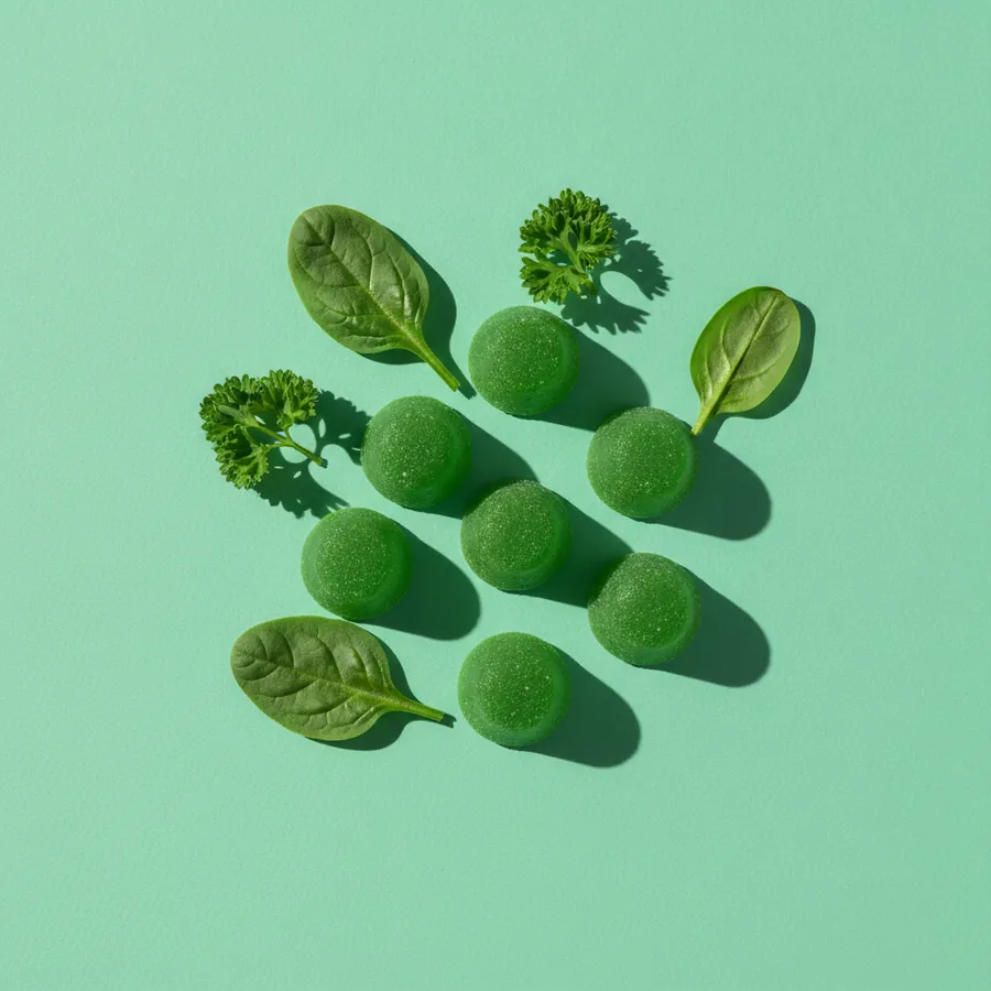Green gummies with spinach leaves and parsley on a mint background
