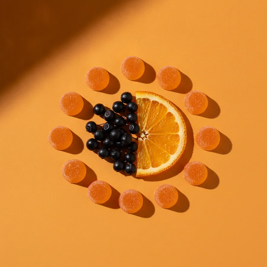 Orange gummies around elderberries and an orange slice on an orange background