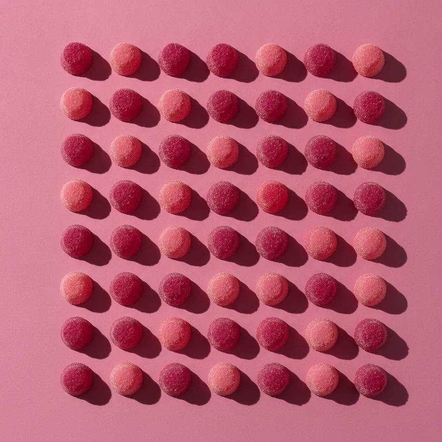 A grid of pink and magenta gummies on a pink background